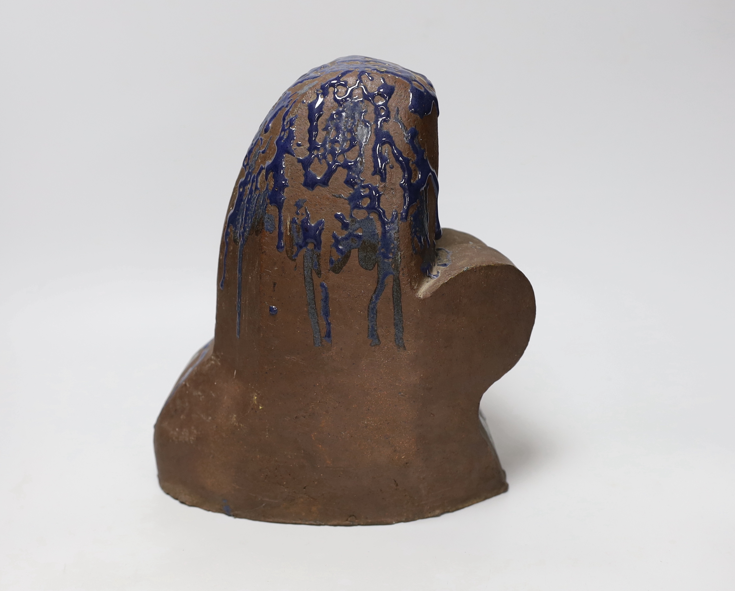 A terracotta Virgin and child bust with drizzle glazed headdress, height 28cm